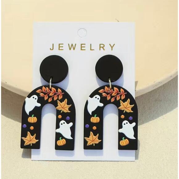 Halloween Dangle U-Shaped Resin Earrings Ghost Maple Leaves - Picture 1 of 4